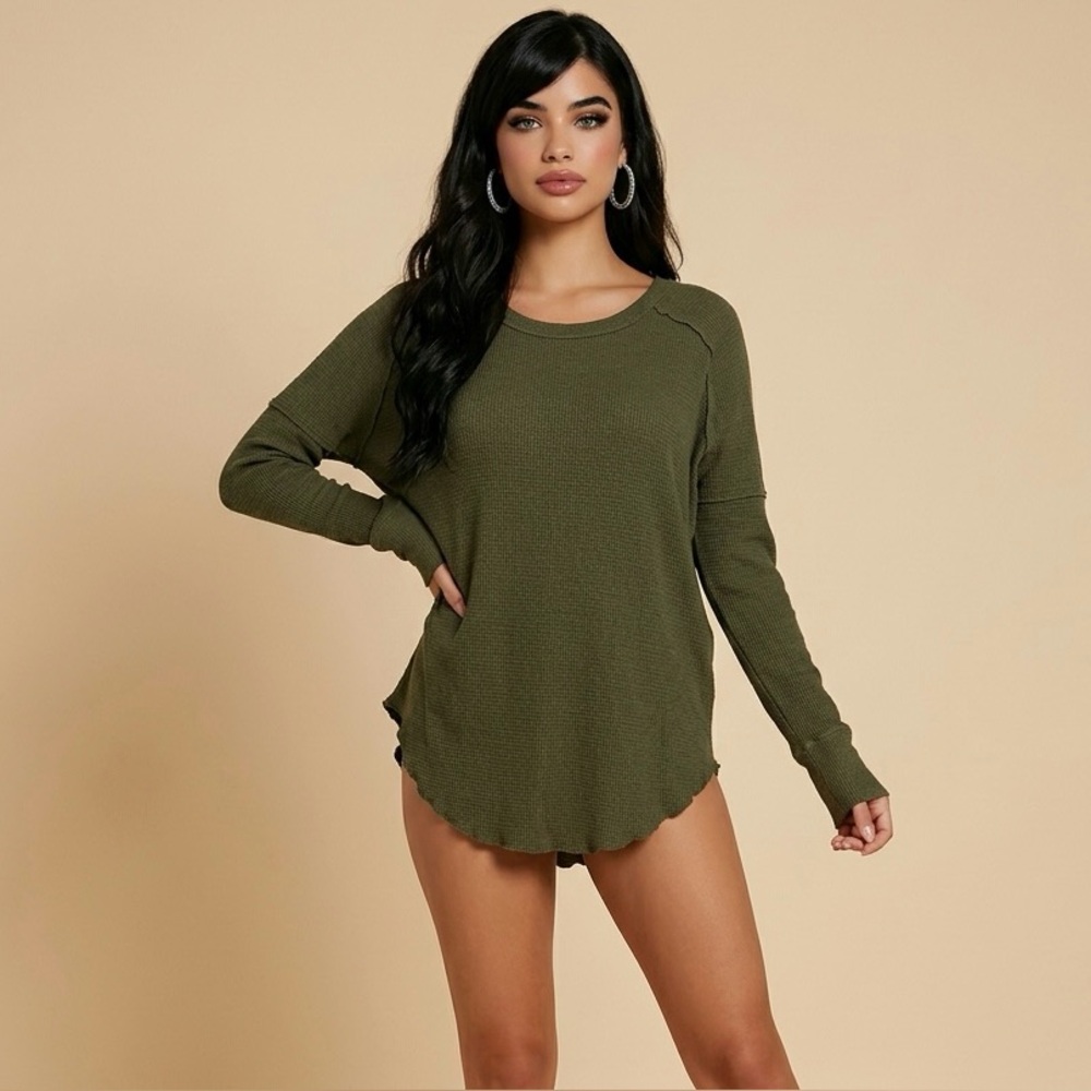 TNA Olive Green Waffle-Knit Long Sleeve Top - Picture 1 of 8